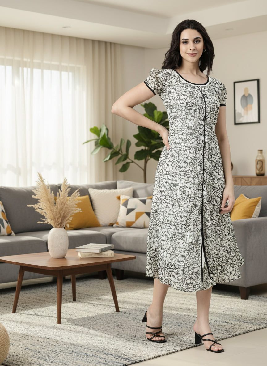 Souchii Black and White Floral A line Dress