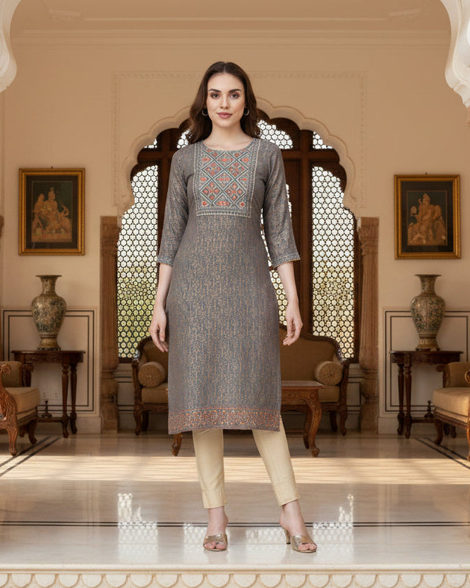 Ethnic Motifs Printed Thread Work Straight Kurta