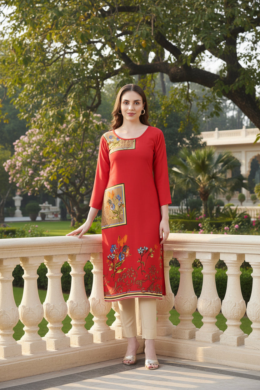 Souchii Women’s Red Rayon Kurta – Floral Printed Straight Kurta with 3/4 Sleeves | Festive & Casual Ethnic Wear