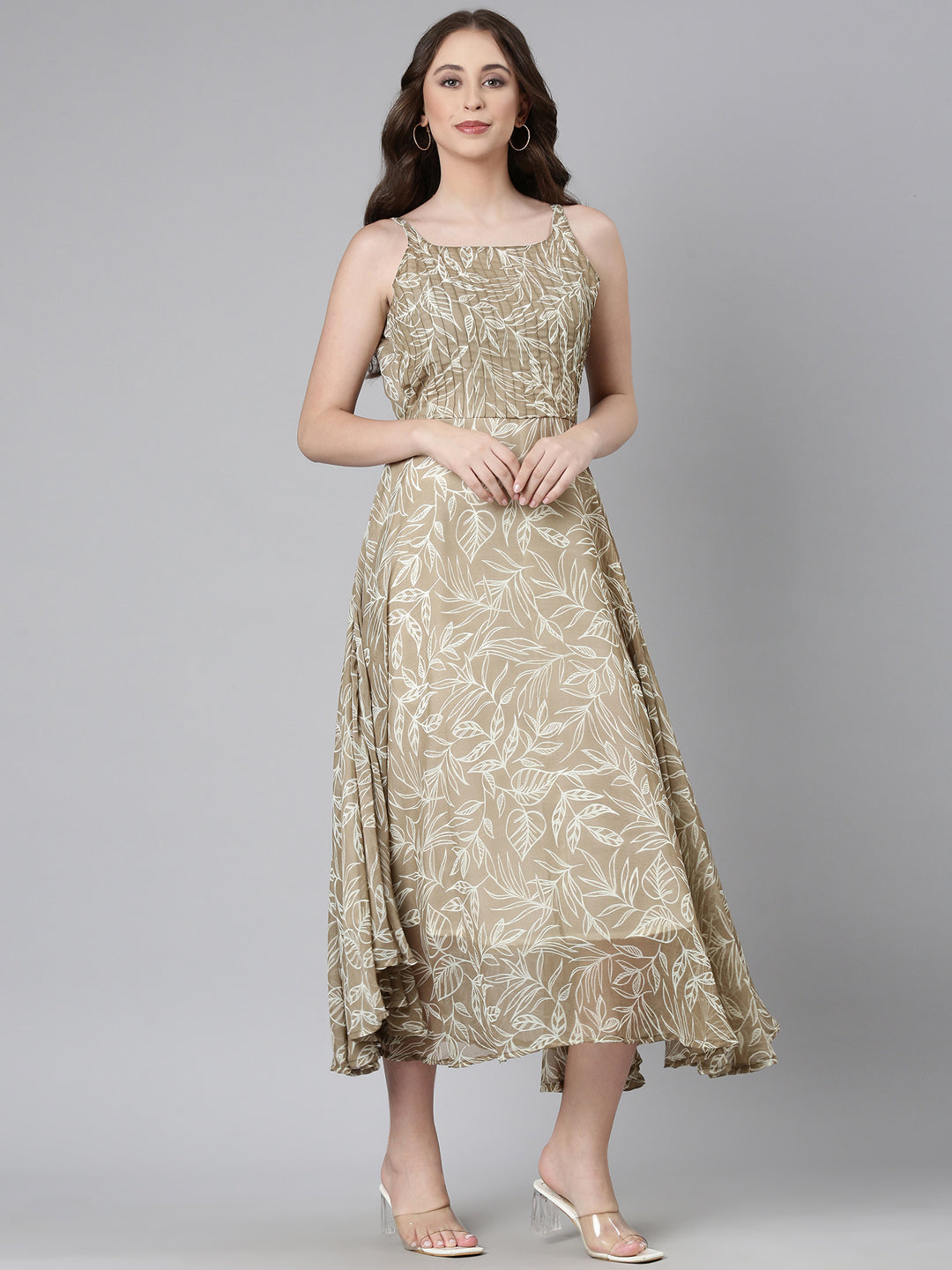 Midi Dress – Beige Floral Print Fit & Flare | Souchii