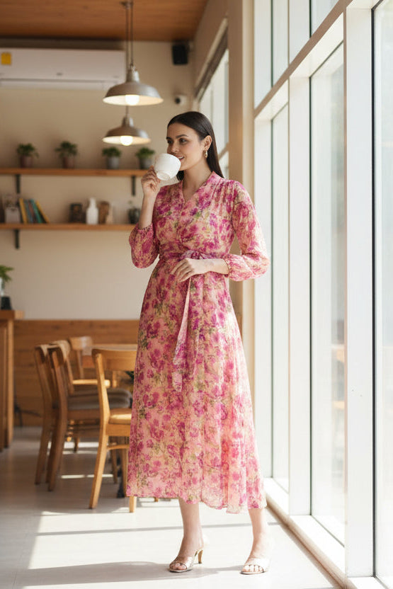 Floral Printed V-Neck Belted Fit & Flare Midi Dress | Souchii