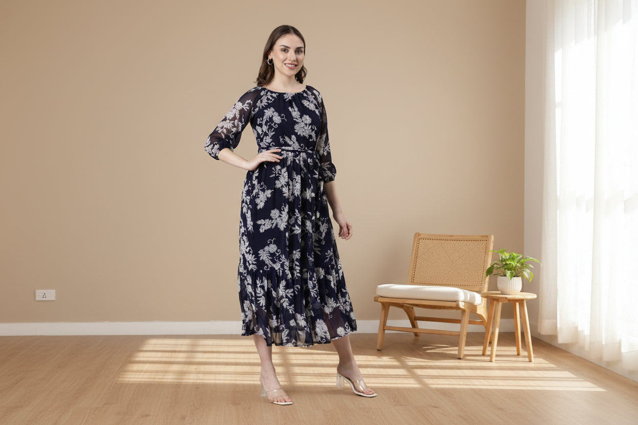 Navy Blue Floral Maxi Chiffon Dress | Souchii