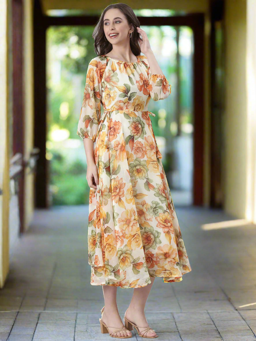 White Floral Fit & Flare Midi Dress | Souchii