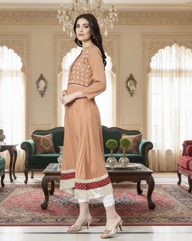 Souchii Women’s Elegant Rayon Kurta – Beige Ethnic Kurta with Zari Detailing