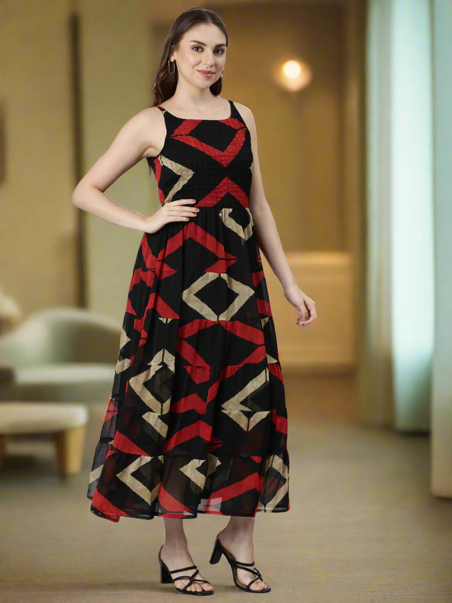 Fit & Flare Dress – Black Printed Abstract Motifs | Souchii