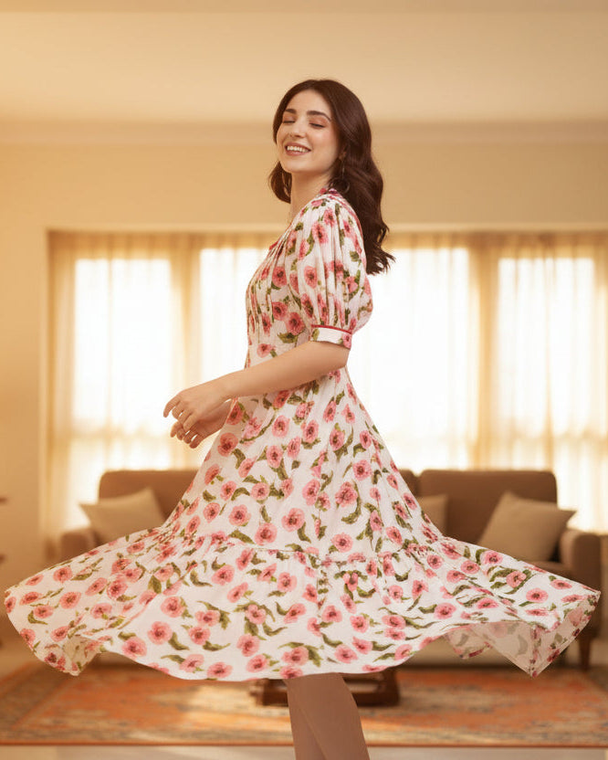 Floral Printed Mandarin Collar Puff Sleeve Fit & flare Dress | Souchii