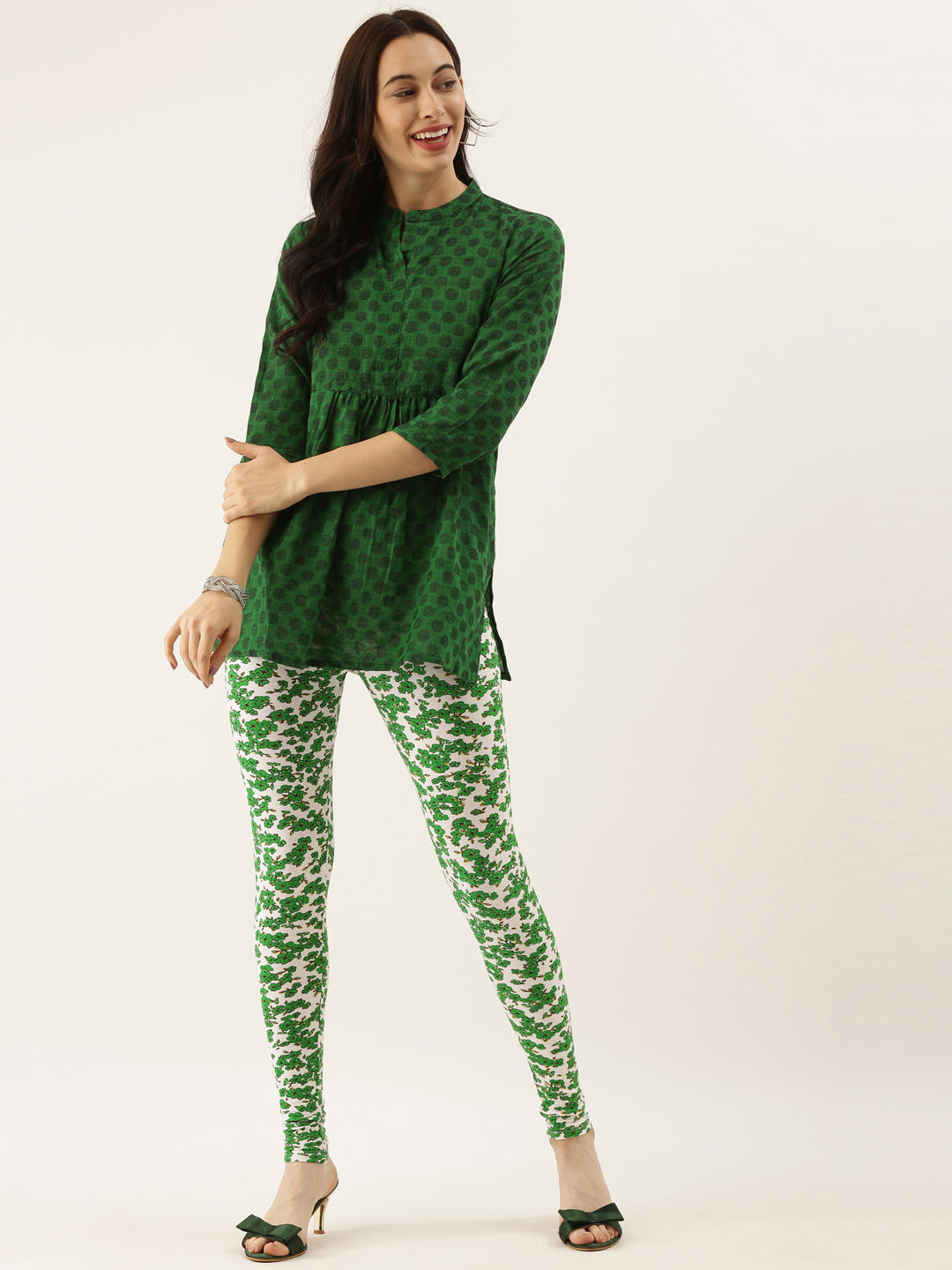 White & Green Printed Cotton Ankle-Length Leggings for Women | Souchii