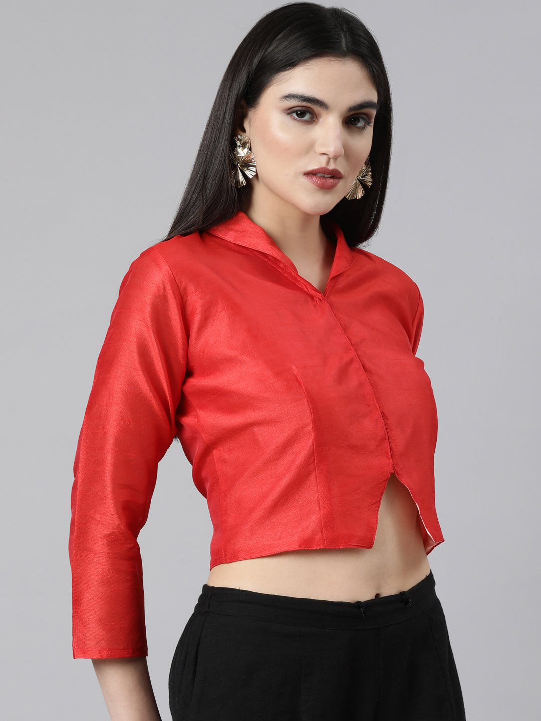 Red Dupion Silk V-Neck Sleeveless Blouse | Souchii
