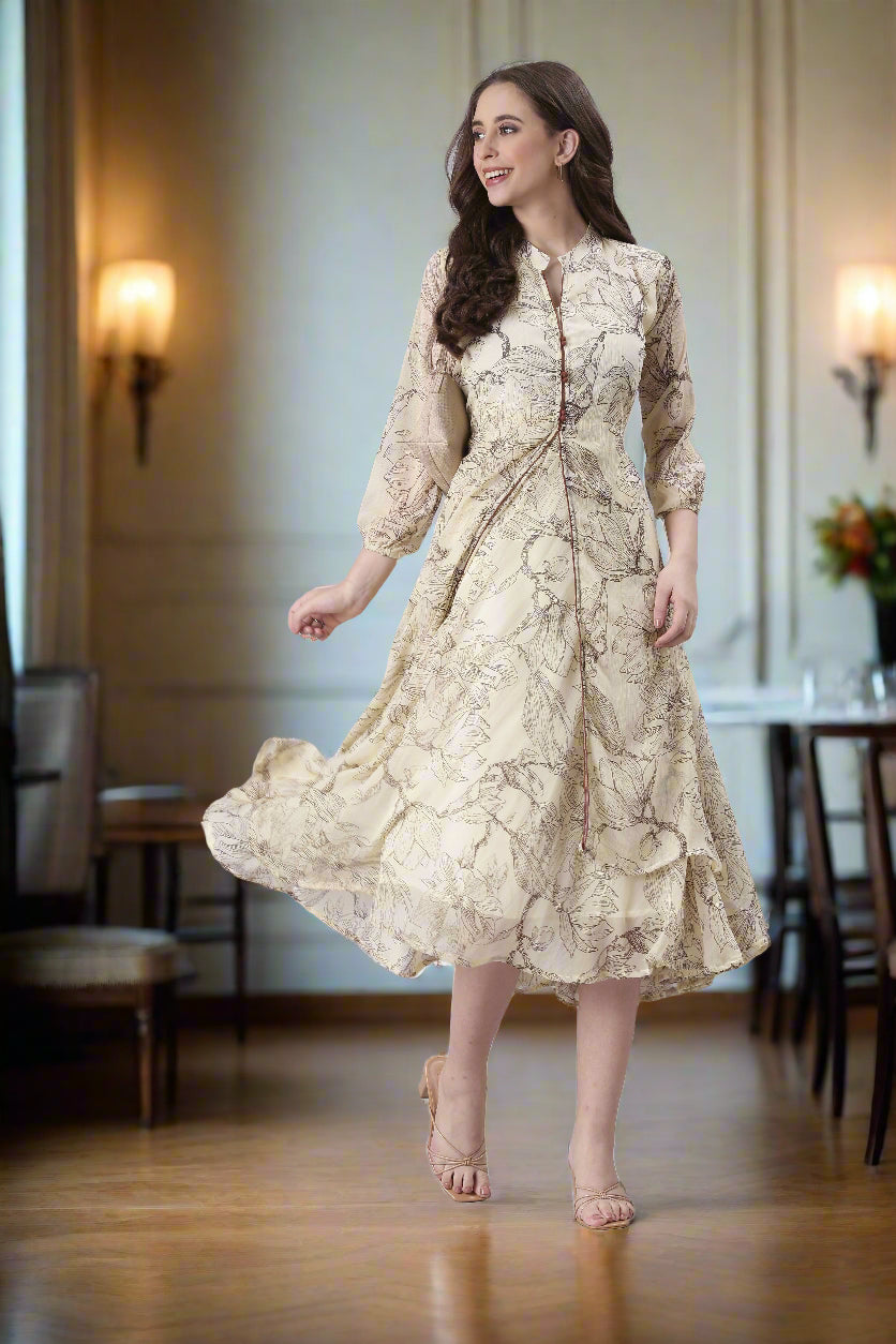 Cream Floral A-Line Belted Midi Dress | Souchii