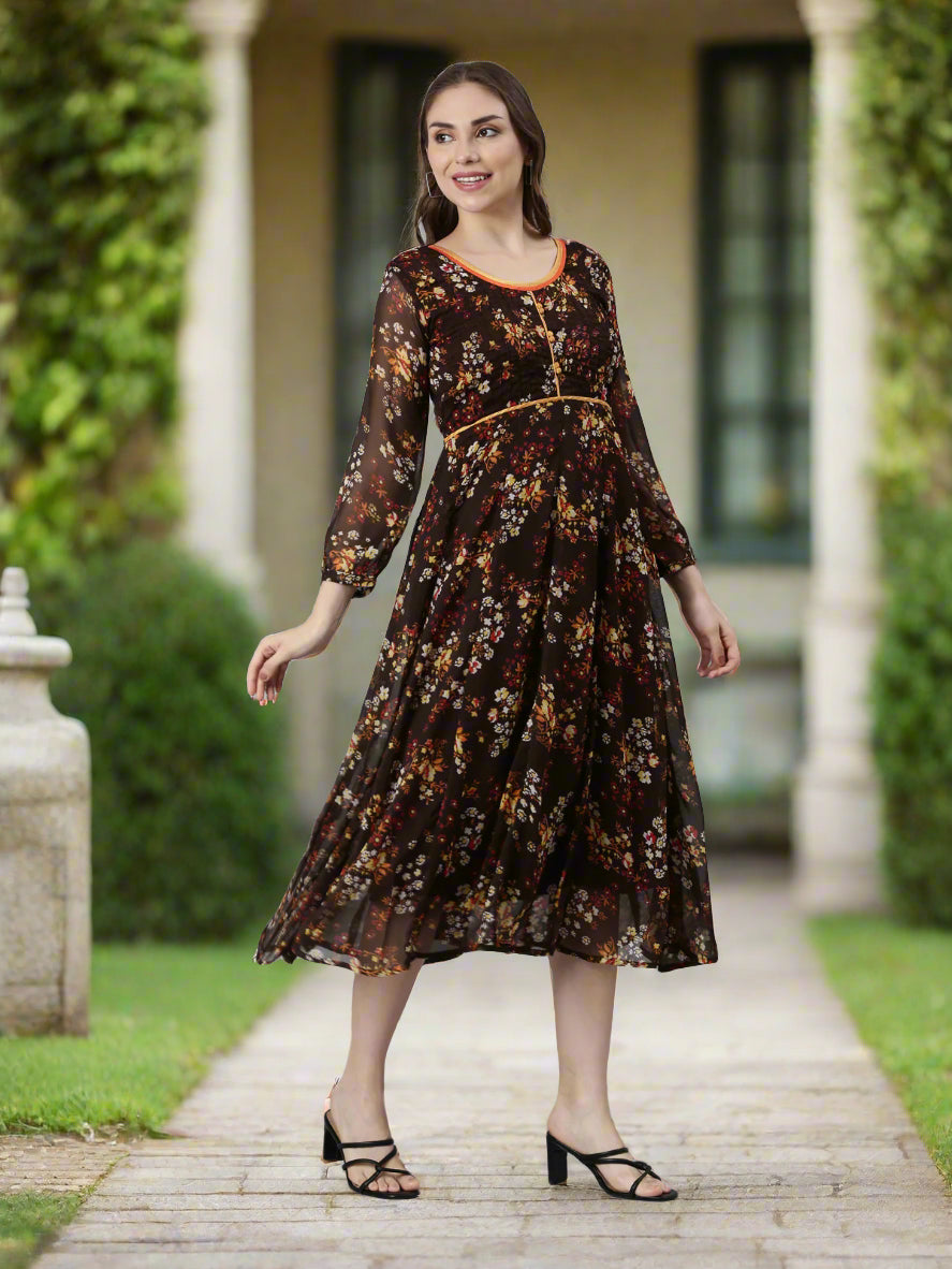 Brown & Yellow Floral Printed Fit and Flare Dress with Belt | Souchii