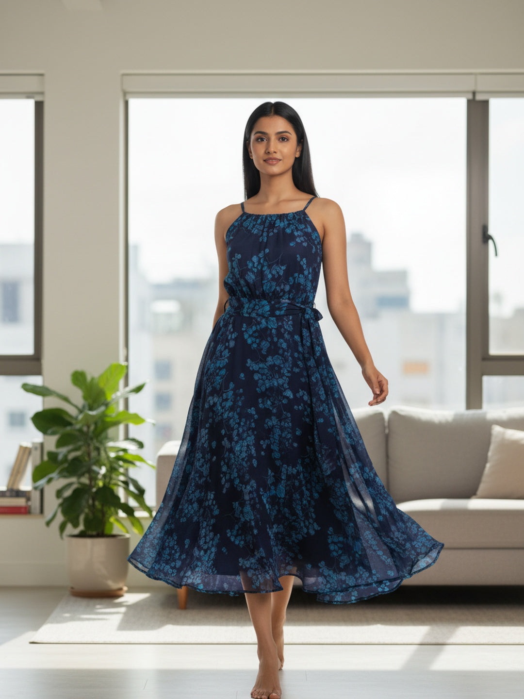 Souchii Blue Floral Chiffon Tie-Up Neck Midi Dress