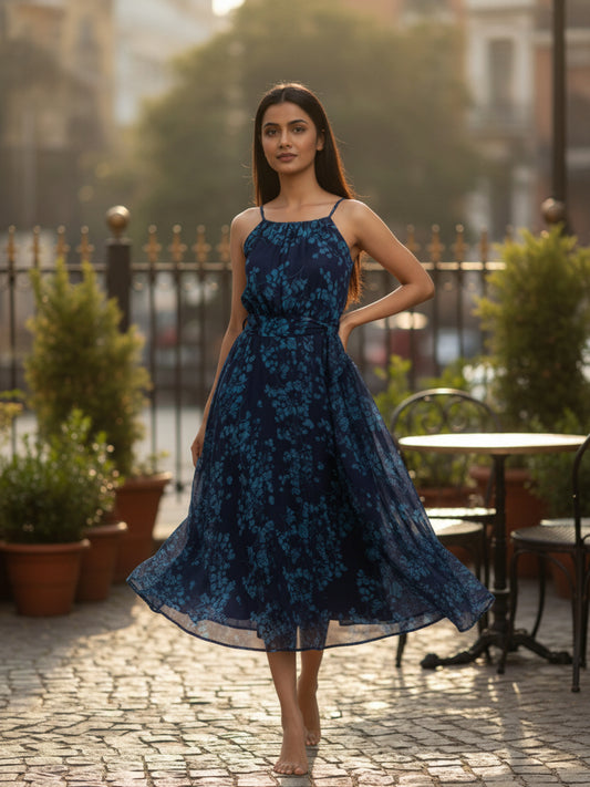 Souchii Blue Floral Chiffon Tie-Up Neck Midi Dress