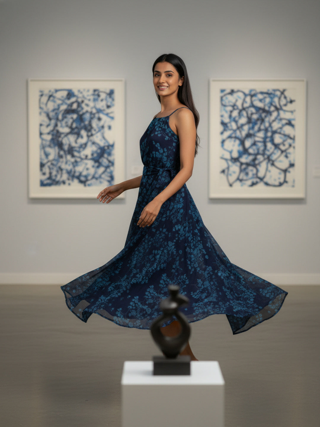 Souchii Blue Floral Chiffon Tie-Up Neck Midi Dress