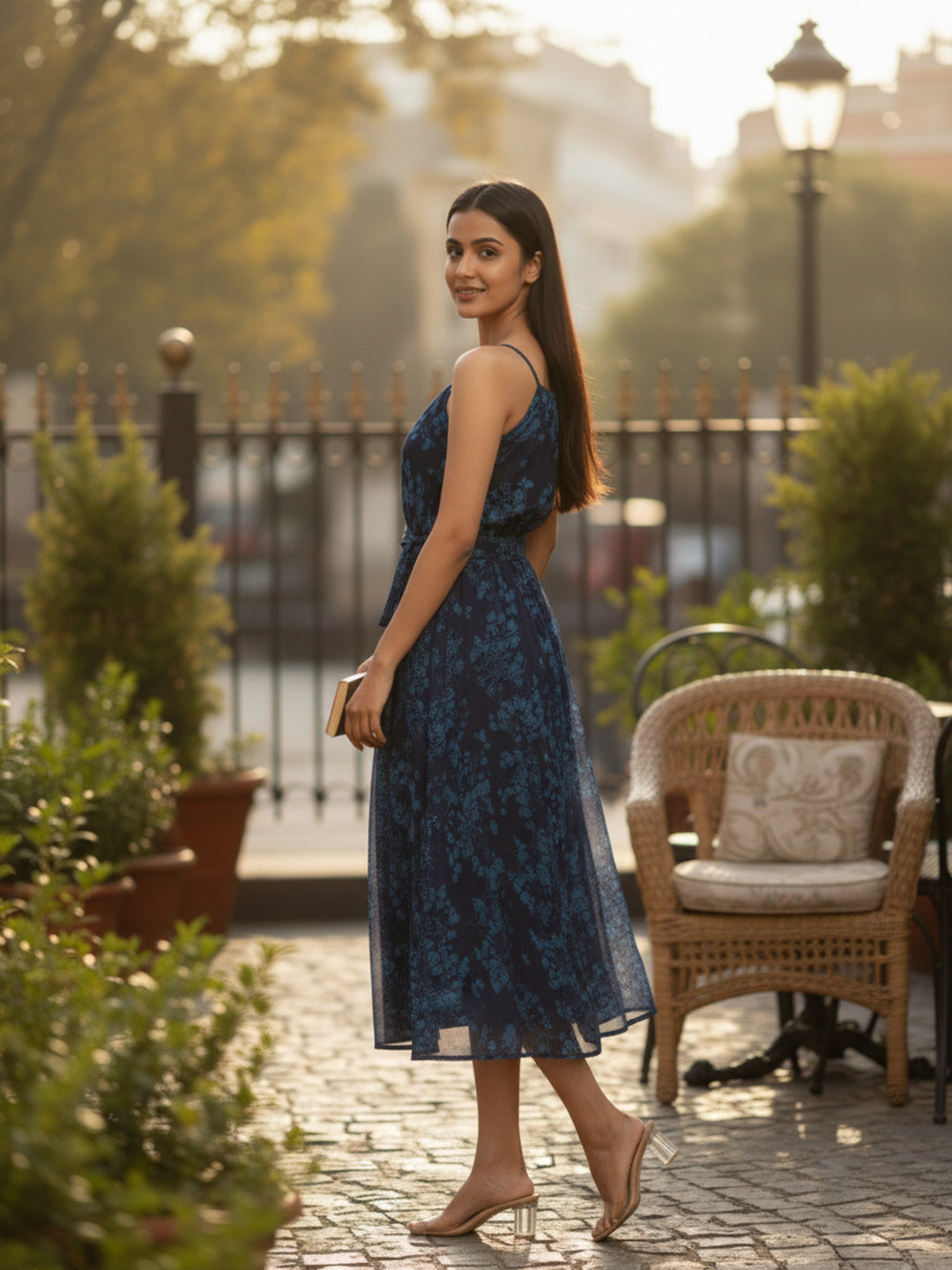 Souchii Blue Floral Chiffon Tie-Up Neck Midi Dress