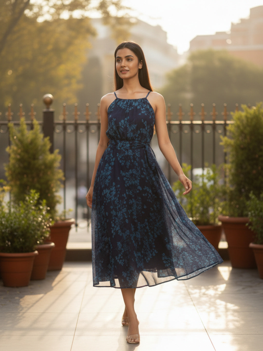 Souchii Blue Floral Chiffon Tie-Up Neck Midi Dress