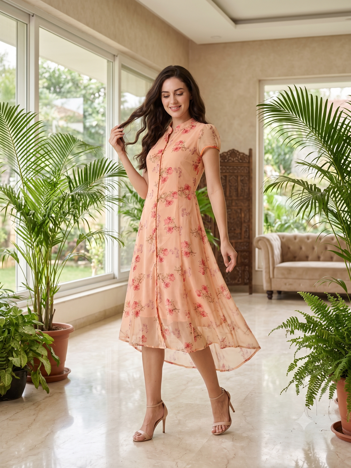 Souchii Peach Floral Chiffon Midi Dress