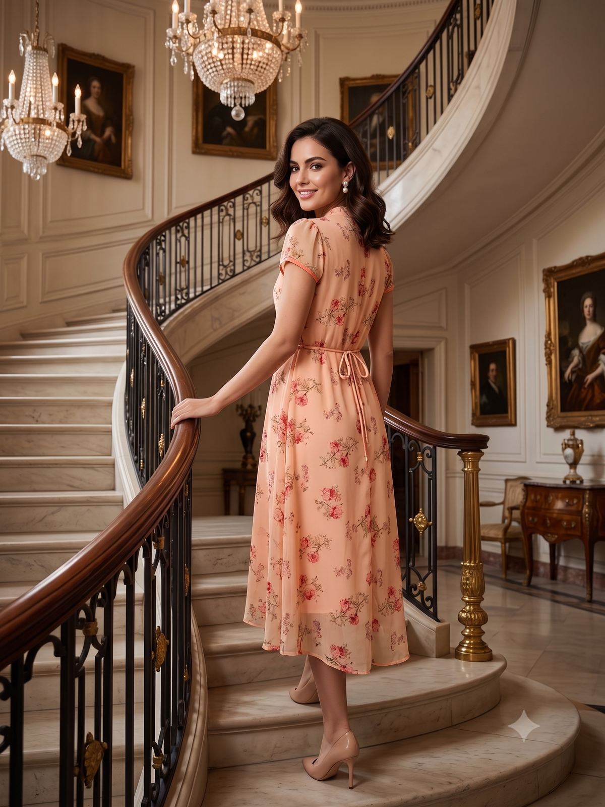 Souchii Peach Floral Chiffon Midi Dress