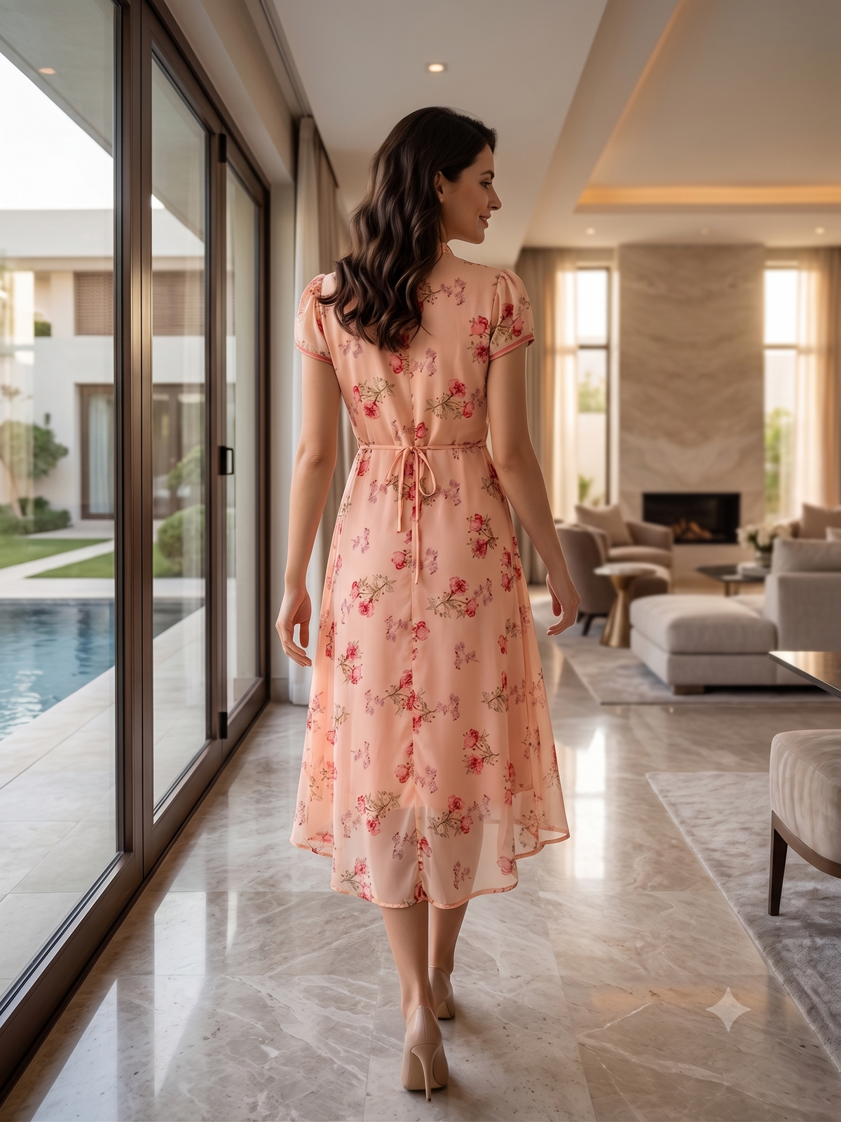 Souchii Peach Floral Chiffon Midi Dress