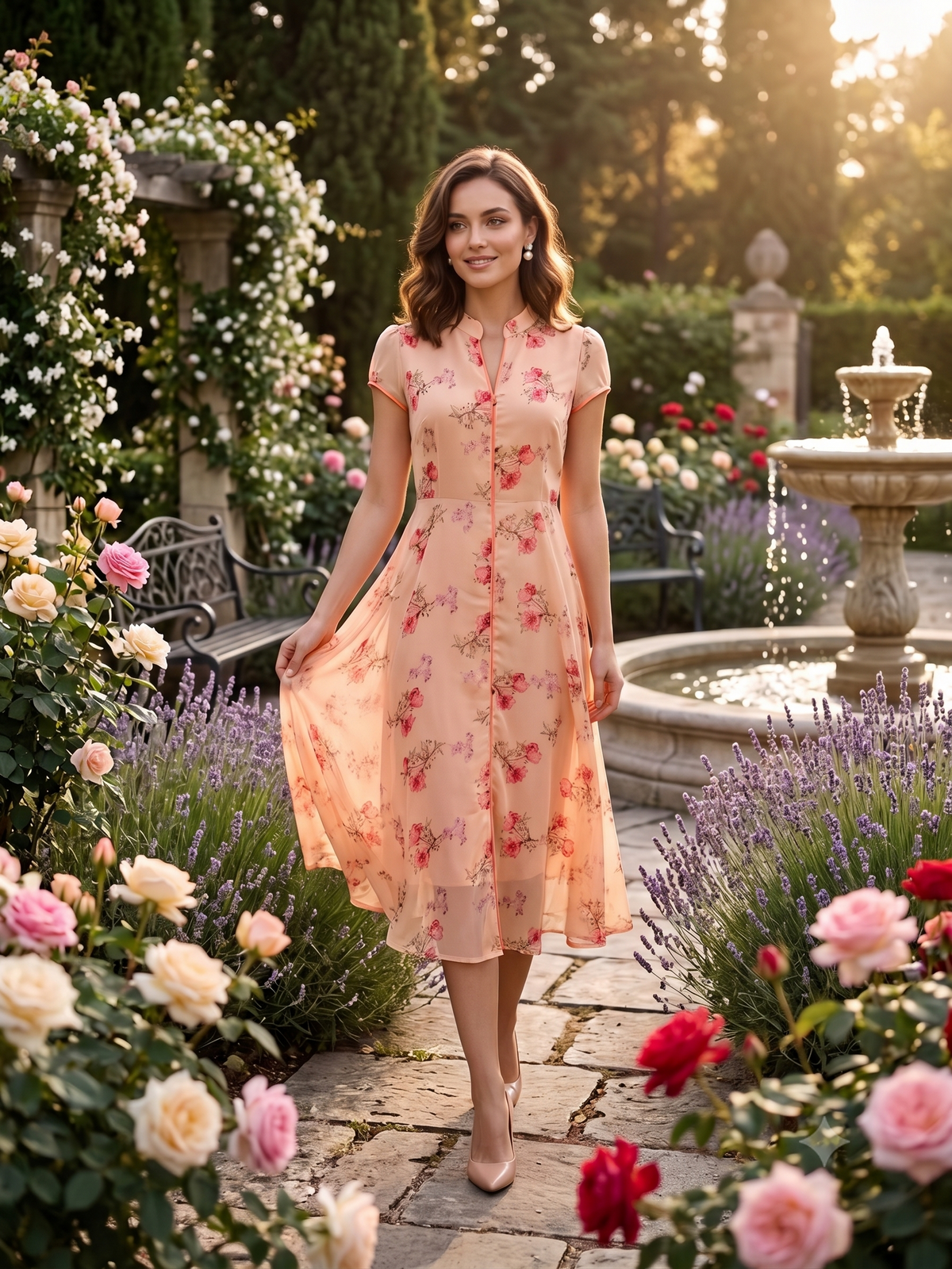 Souchii Peach Floral Chiffon Midi Dress