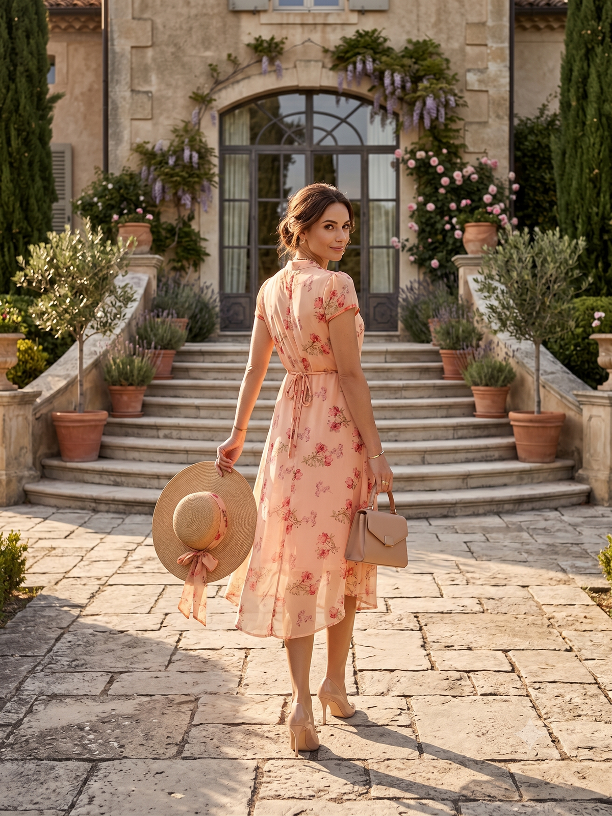 Souchii Peach Floral Chiffon Midi Dress