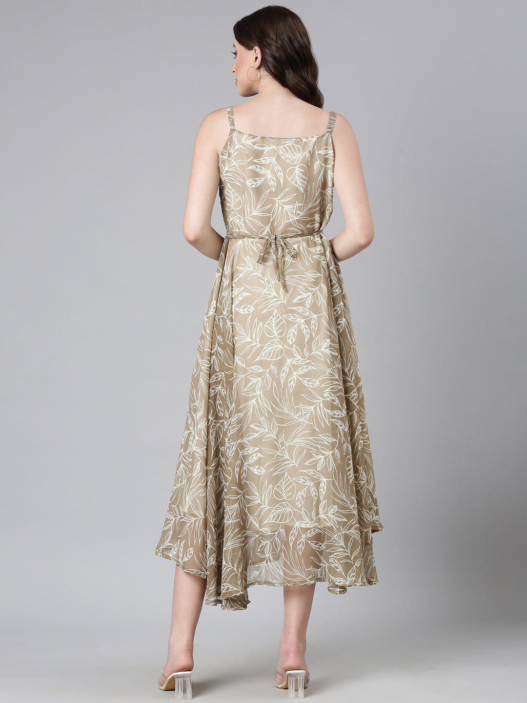 Midi Dress – Beige Floral Print Fit & Flare | Souchii