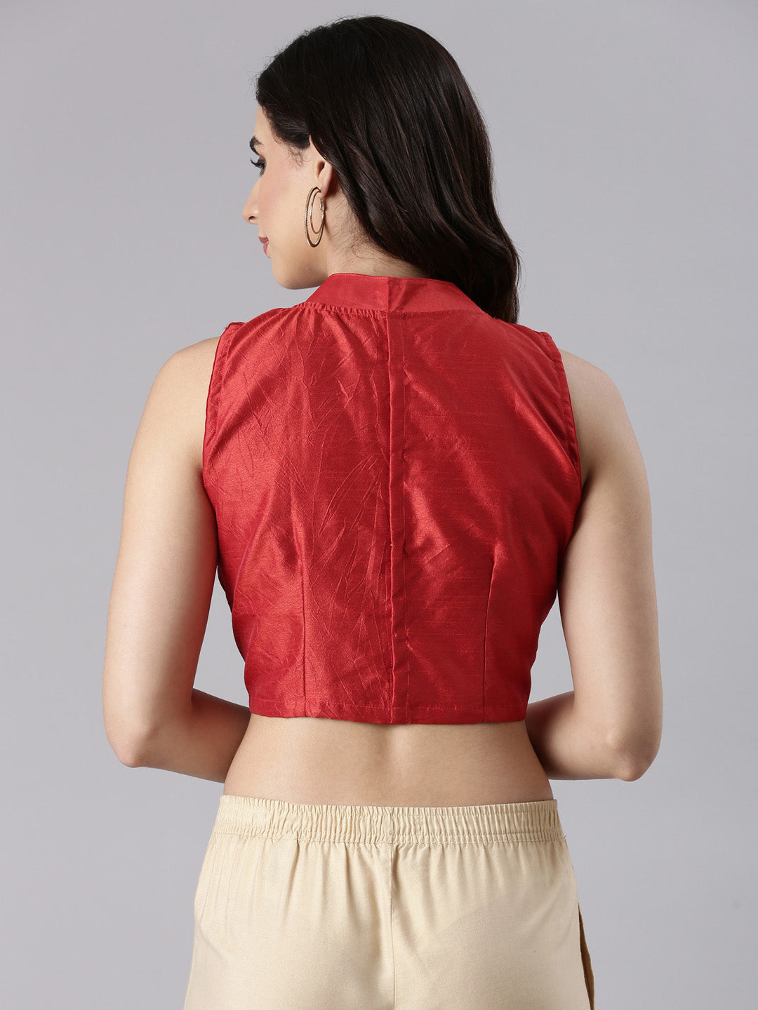 Red Dupion High-Neck Sleeveless Blouse | Souchii