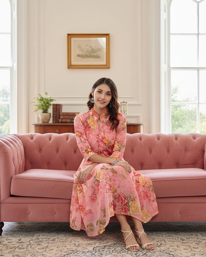 Midi Dress – Pink Printed Woven A-Line | Souchii