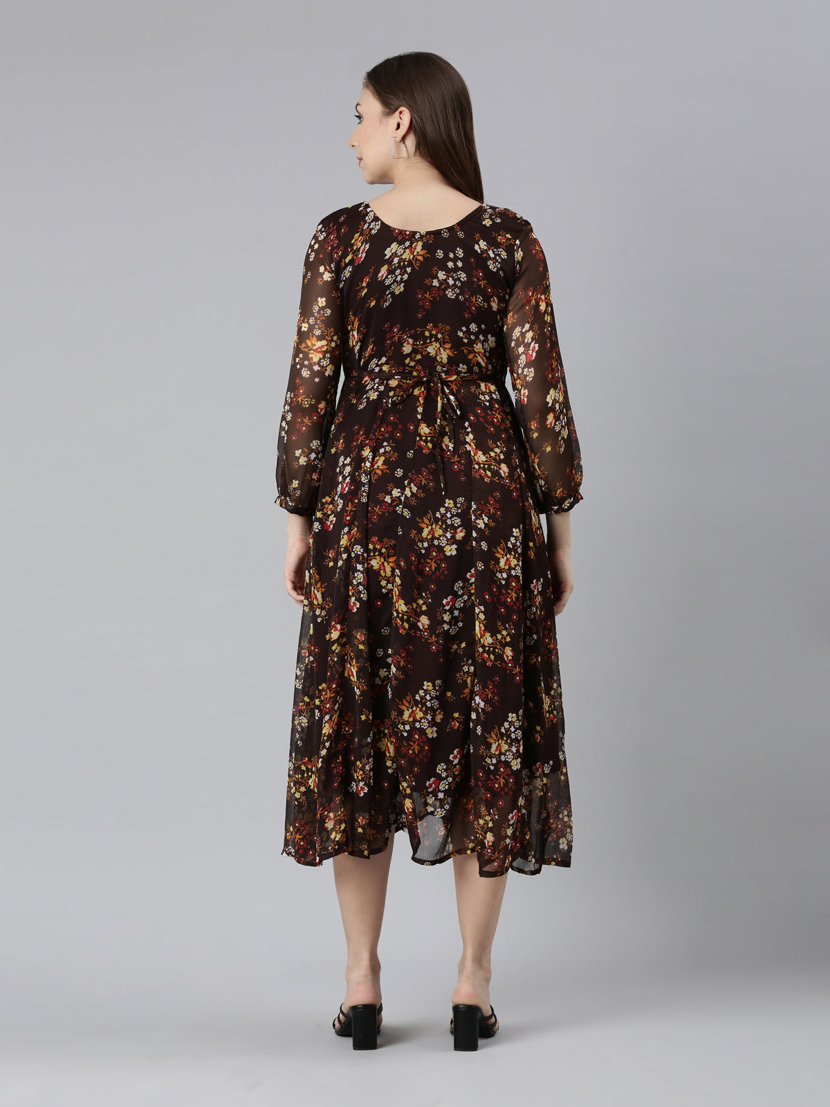 Brown & Yellow Floral Printed Fit and Flare Dress with Belt | Souchii