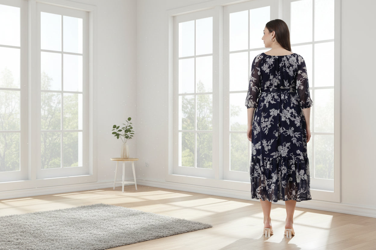 Navy Blue Floral Maxi Chiffon Dress | Souchii