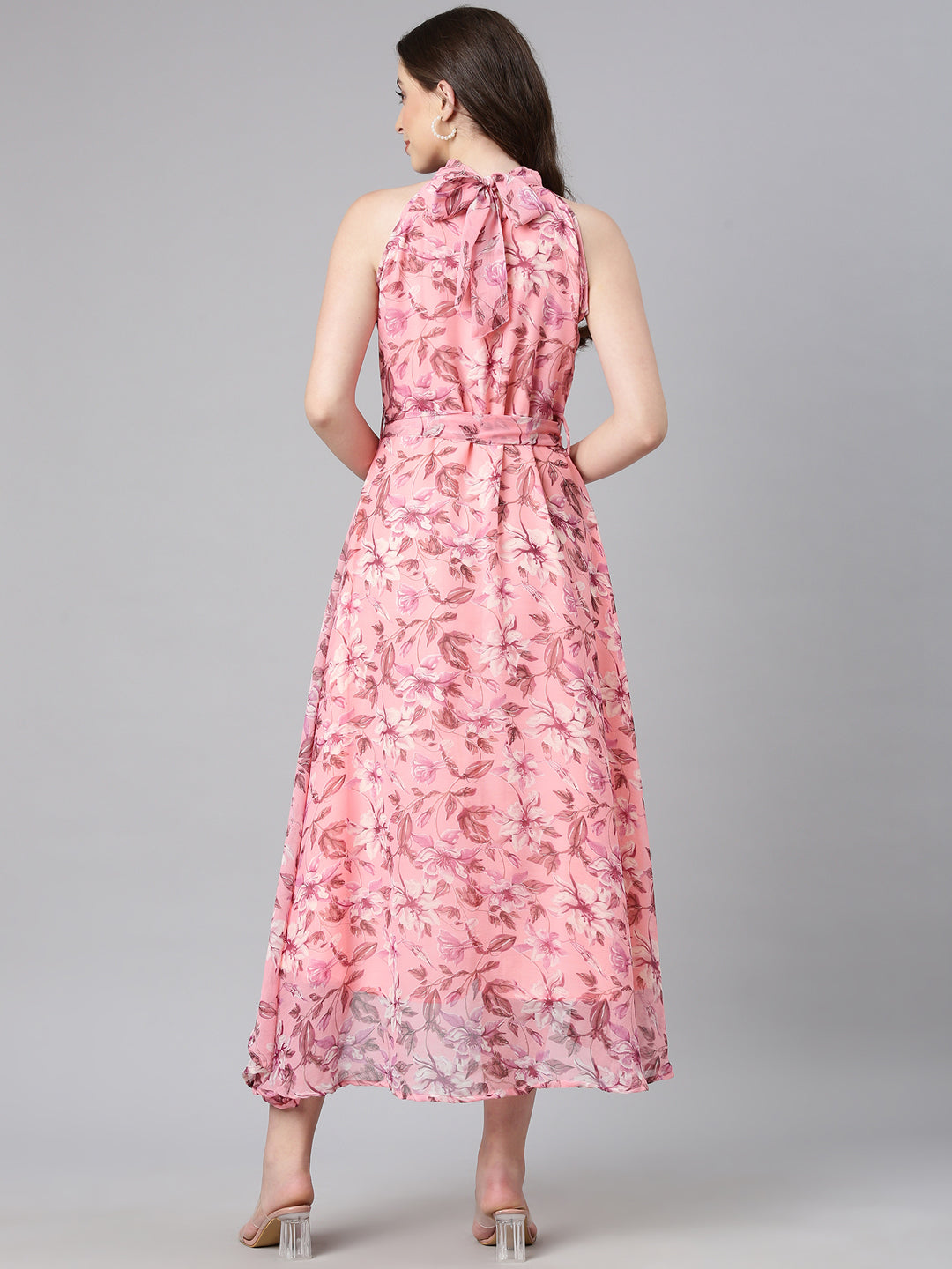 Dress – Pink Floral Print Halter Neck Asymmetric Hem | Souchii