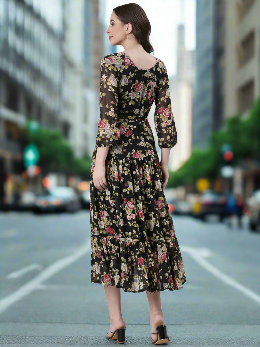 Black Floral Chiffon Midi Dress | Souchii