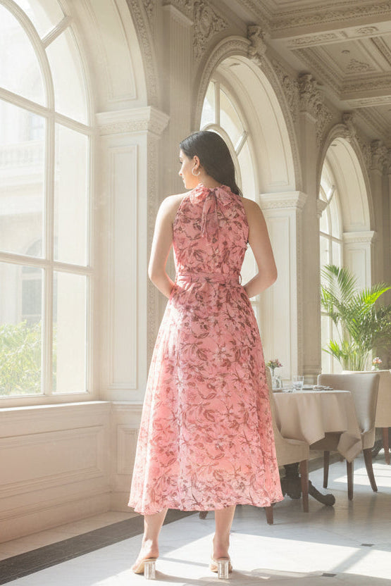 Dress – Pink Floral Print Halter Neck Asymmetric Hem | Souchii