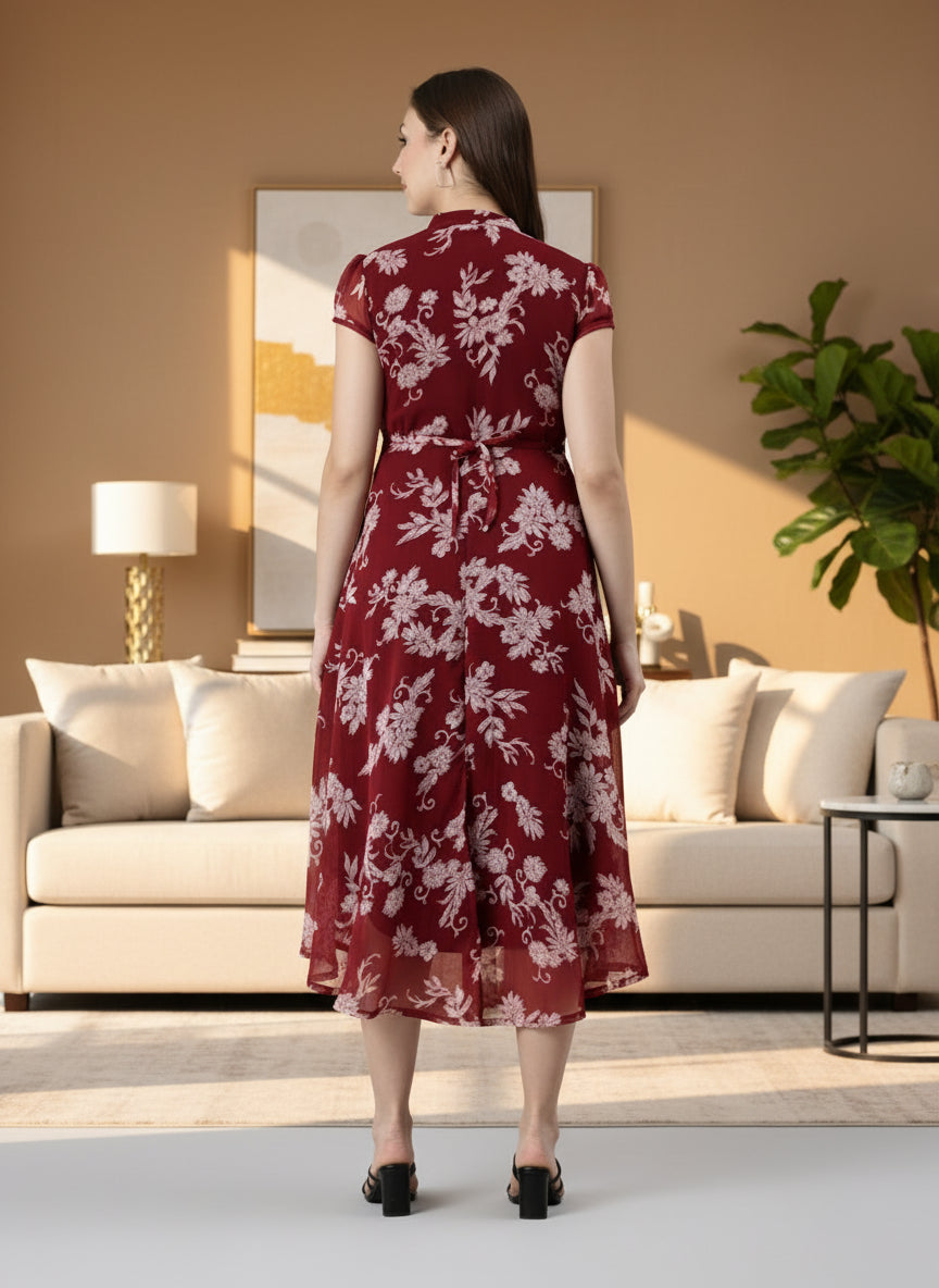 Souchii Elegant maroon floral midi dress with a flowing silhouette