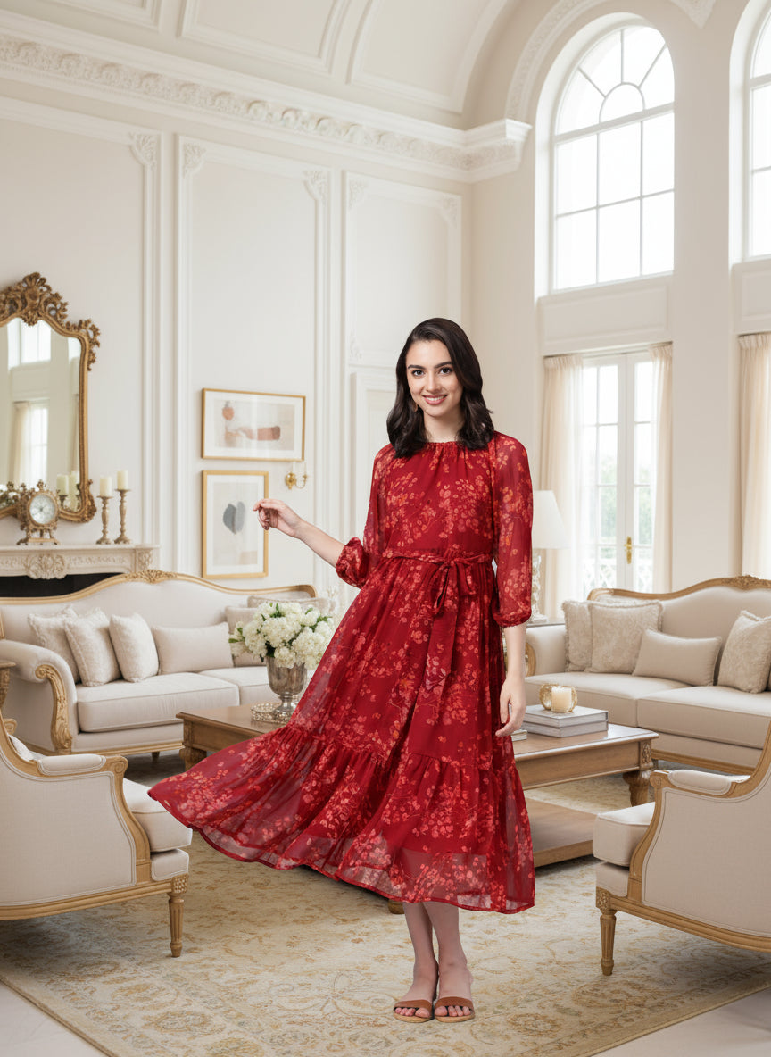 Crimson Bloom Chiffon Maxi Dress - Souchii