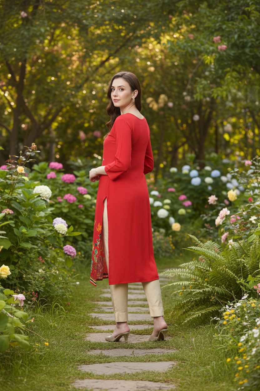 Souchii Women’s Red Rayon Kurta – Floral Printed Straight Kurta with 3/4 Sleeves | Festive & Casual Ethnic Wear