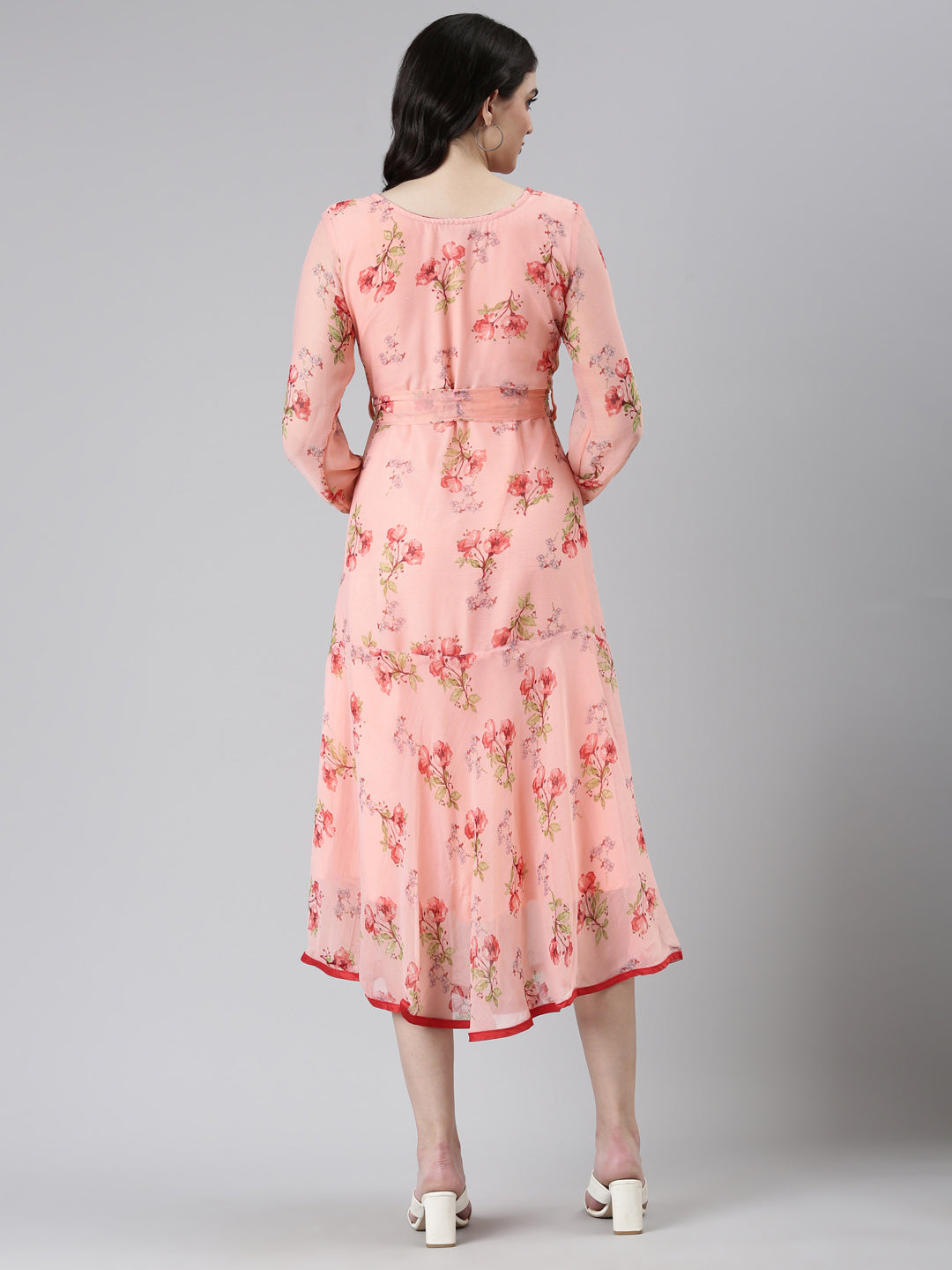 Rose Floral Printed A-Line Midi Dress with Belt | Souchii