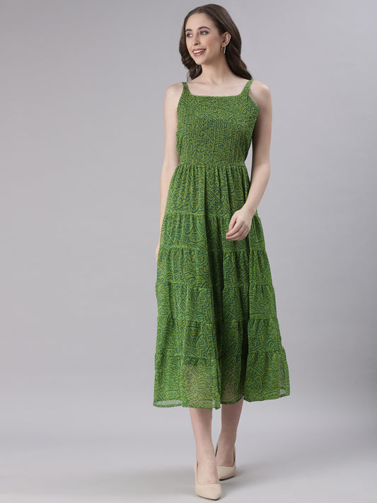 Green Abstract Pleated Fit & Flare Midi Dress | Souchii