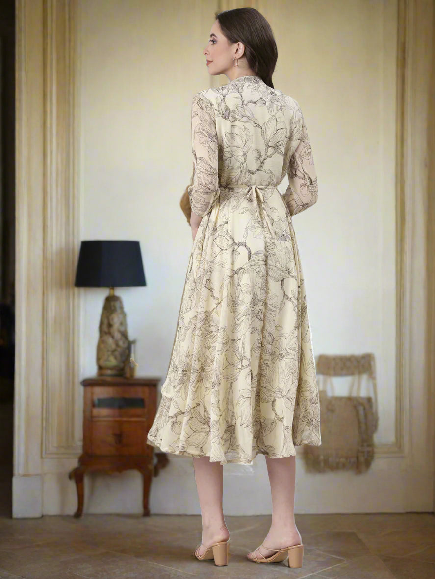 Cream Floral A-Line Belted Midi Dress | Souchii
