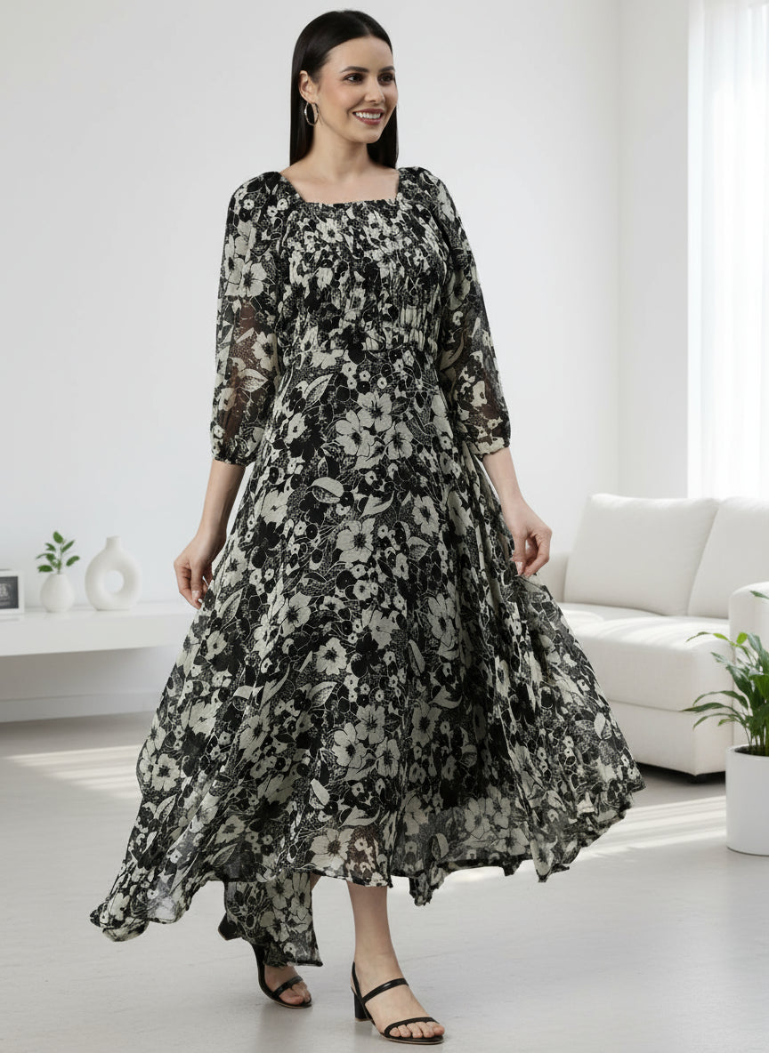Black & White Floral Smocked Chiffon Maxi Dress | Souchii
