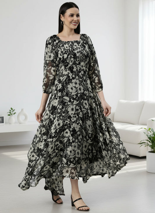 Black & White Floral Smocked Chiffon Maxi Dress | Souchii