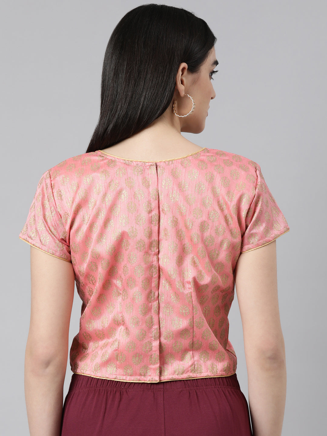 Pink & Gold Dupion Silk Woven Knot Blouse | Souchii