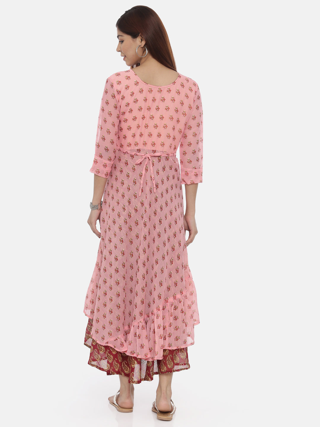 Pink Floral Print Chiffon Fit & Flare Midi Dress with Belt | Souchii