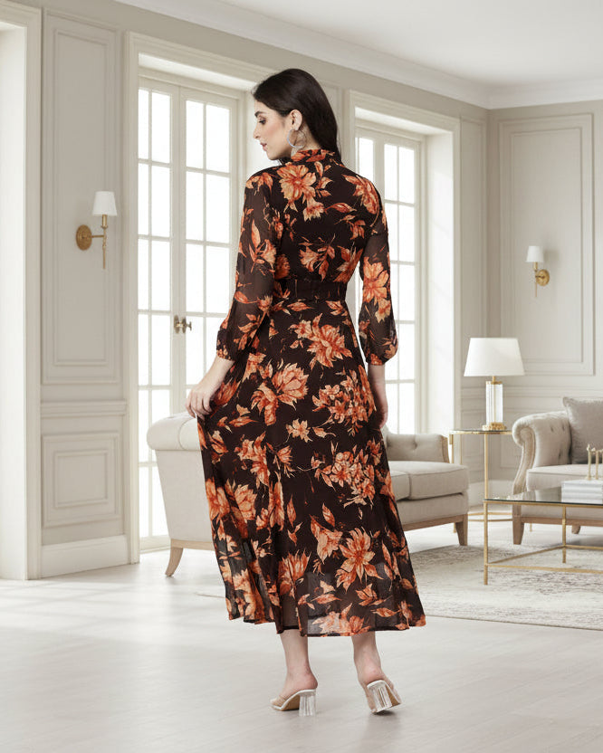 Souchii Brown Floral Flow Midi Dress