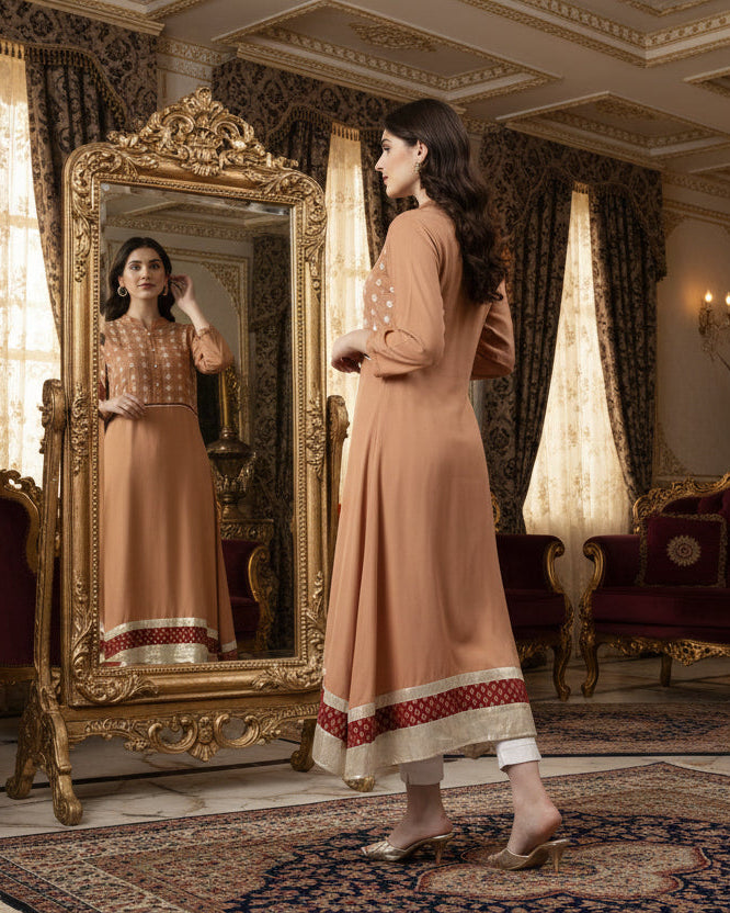 Souchii Women’s Elegant Rayon Kurta – Beige Ethnic Kurta with Zari Detailing