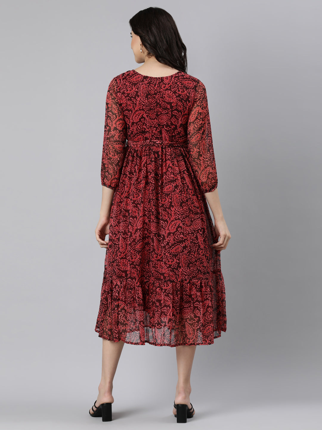 Fit & Flare Dress – Maroon Floral Print Empire Line | Souchii