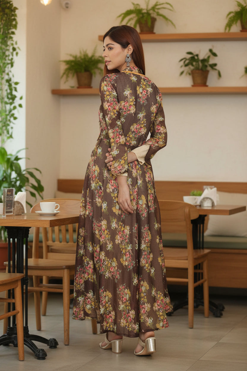 Souchii Brown Floral Layered Maxi Dress