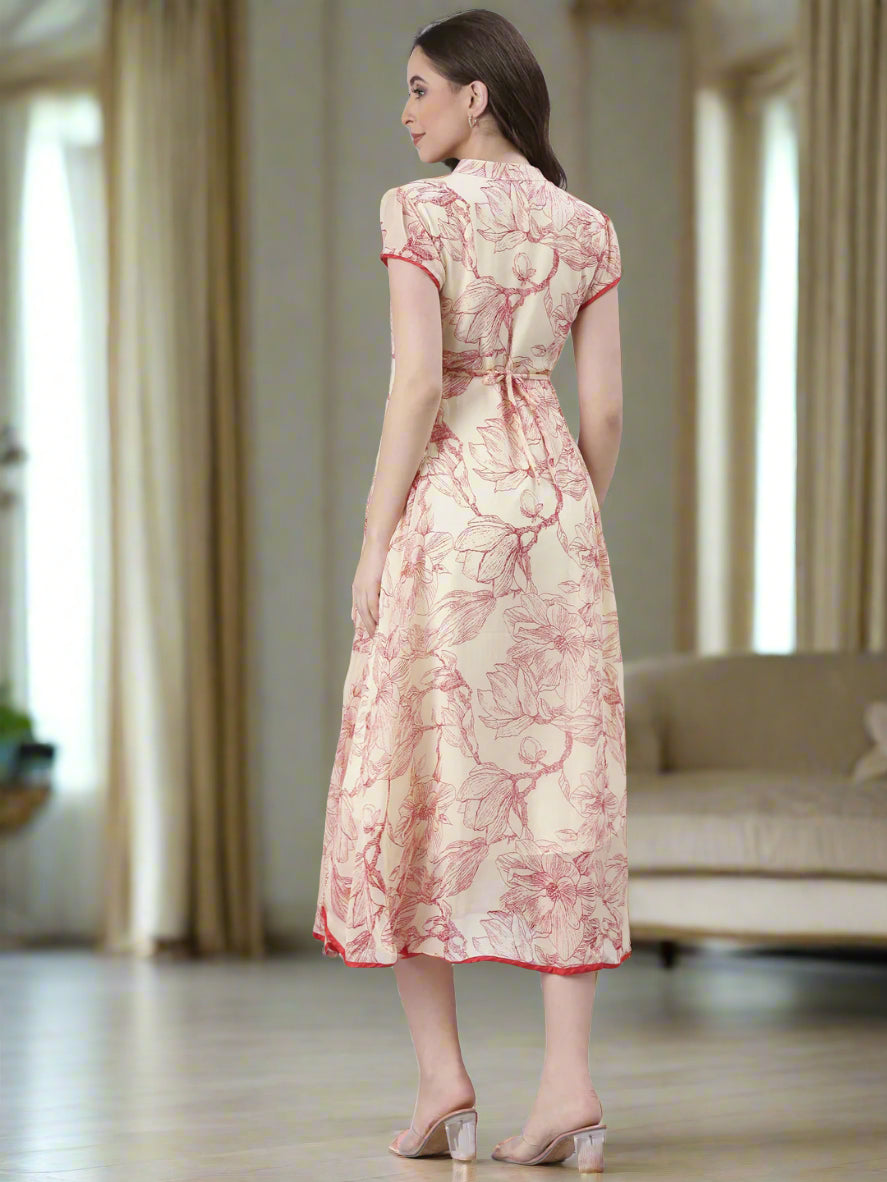Cream Floral A-Line Belted Midi Dress | Souchii