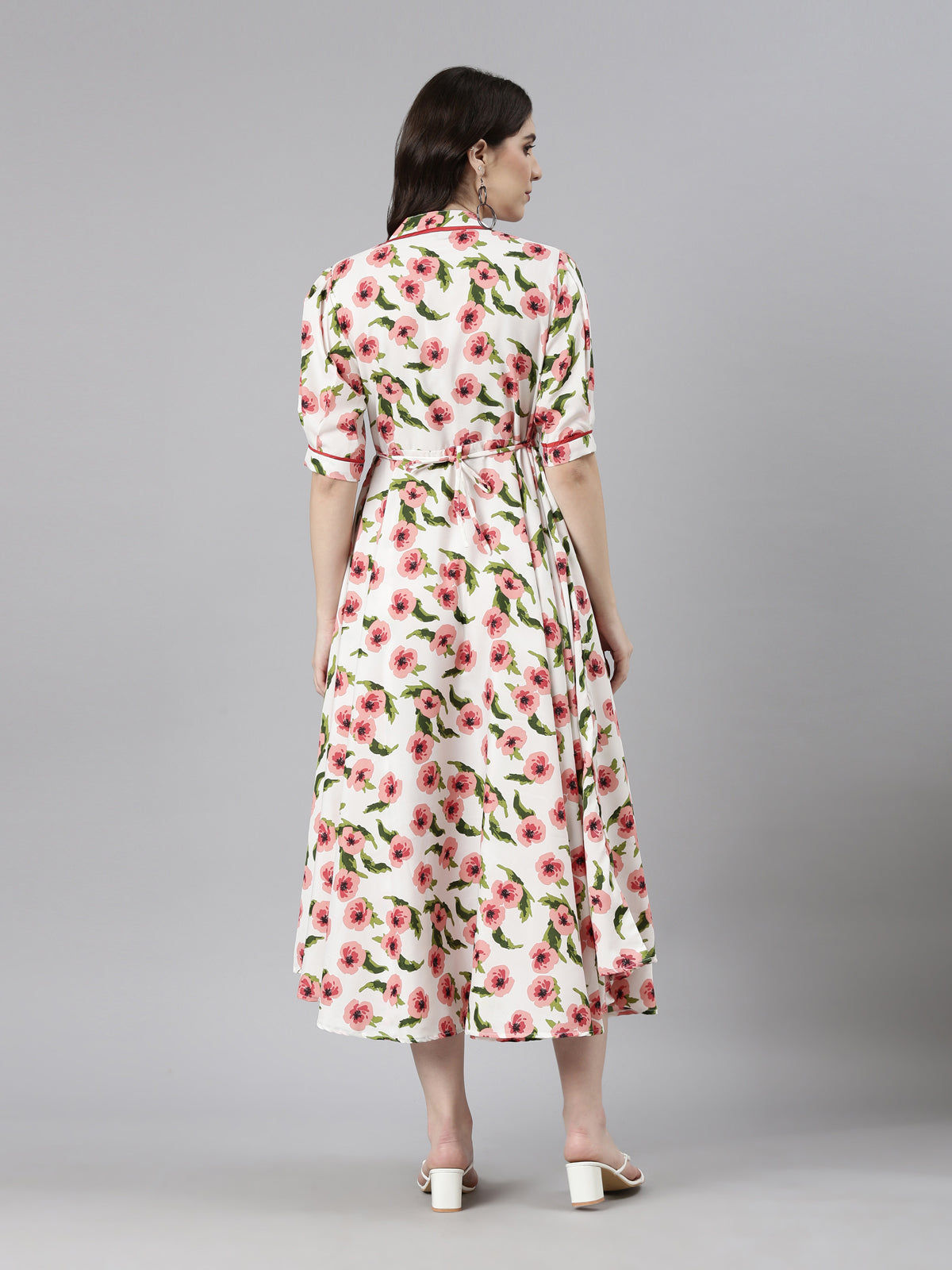 Floral Printed Mandarin Collar Puff Sleeve Fit & flare Dress | Souchii