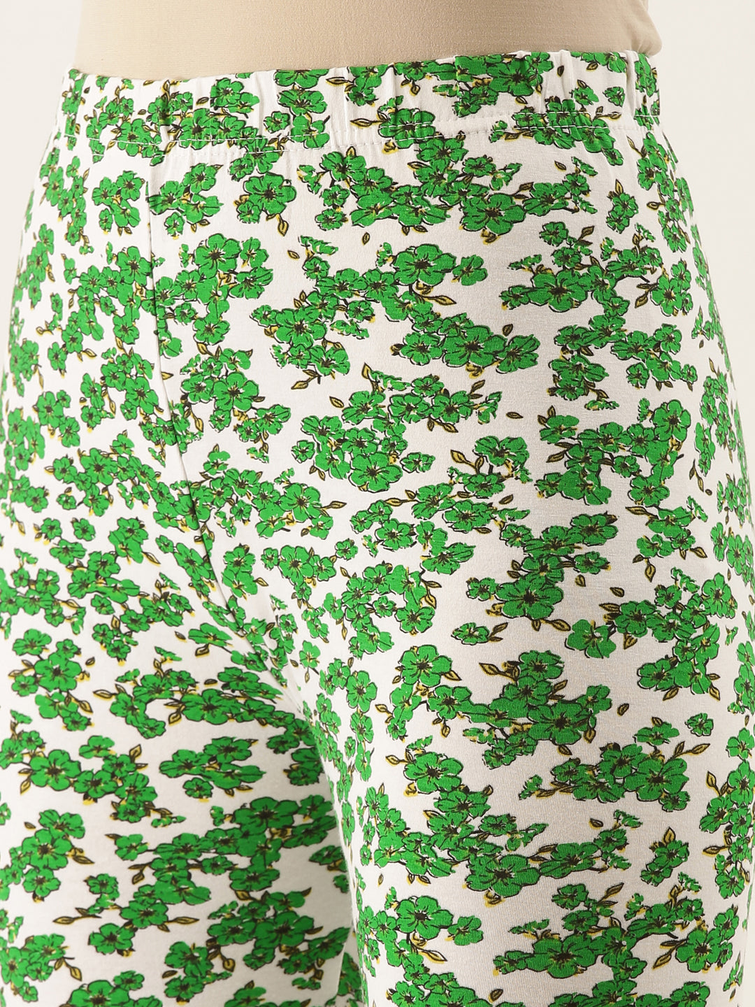 White & Green Printed Cotton Ankle-Length Leggings for Women | Souchii