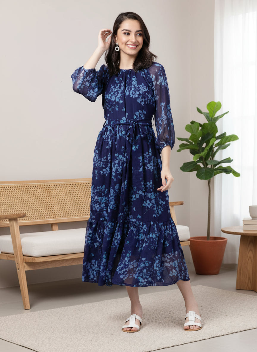 Souchii Navy Blue Floral Maxi Chiffon Dress